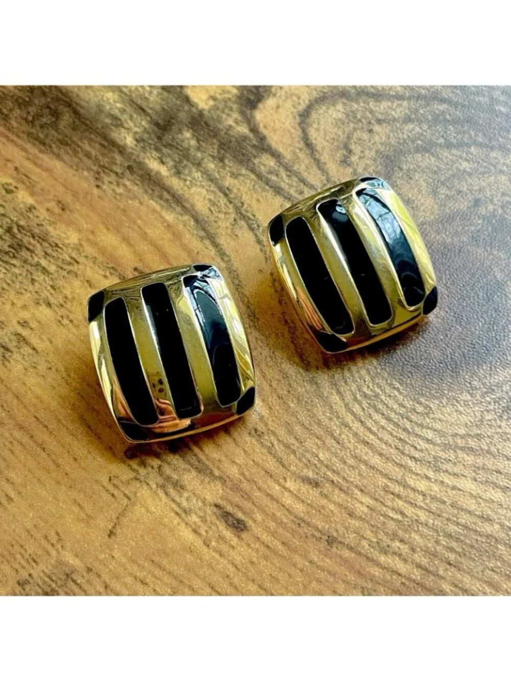 Vintage 1980s Modernist Earrings Glam Gold Tone Black Enamel Clip On Square